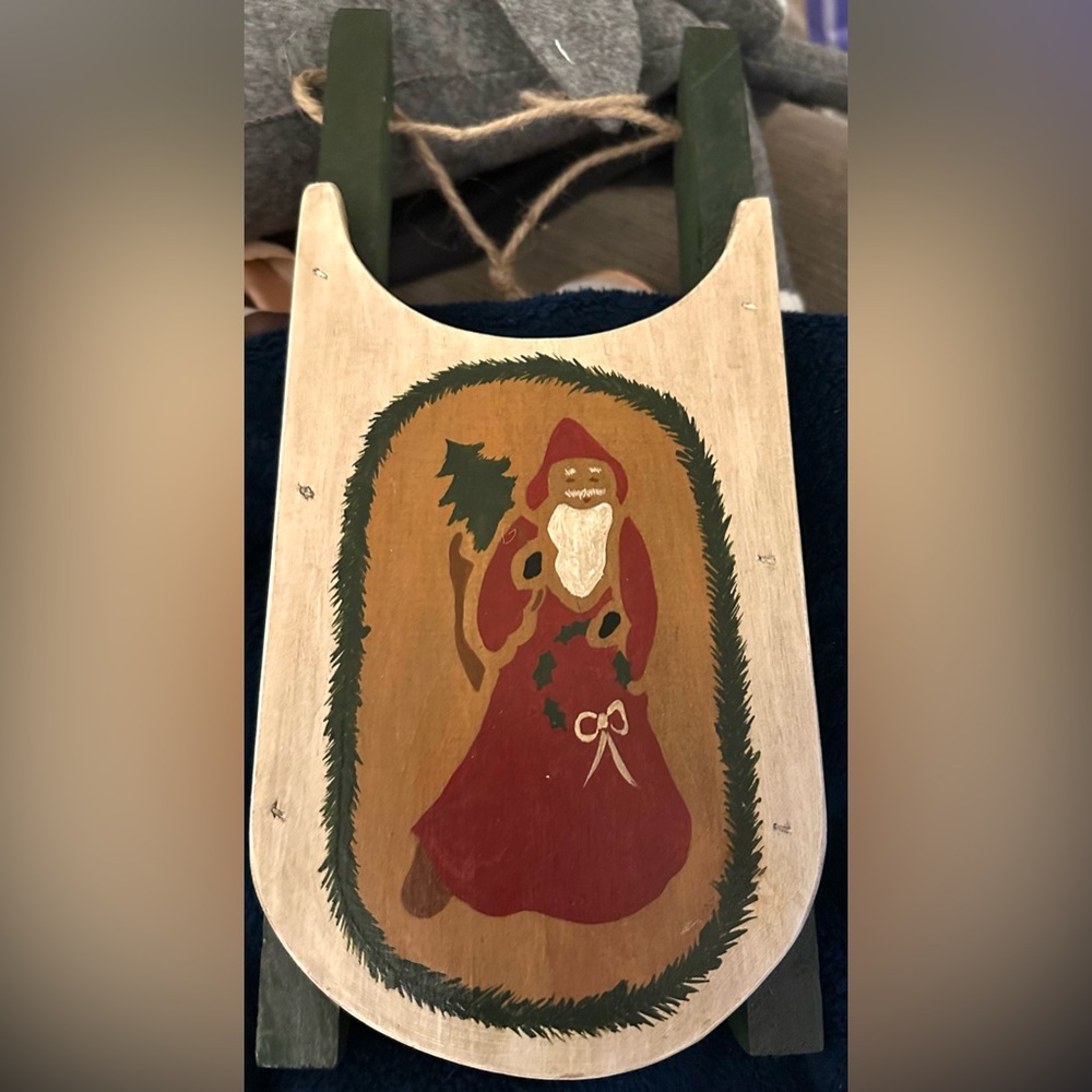 Vintage Artisan Hand Painted Santa Claus Wooden Sleigh Sled  Primitive Folk Art